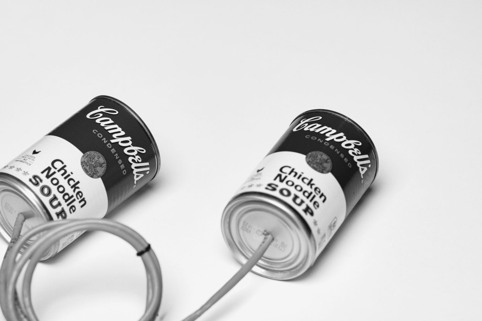 - ThunderFairy Raindance A black and white photograph of two Campbell's Chicken Noodle Soup cans connected by a Cat-5 cable. A visual throwback to "tin can telephones" of a Gen X youth as a tribute to Andy Warhol.