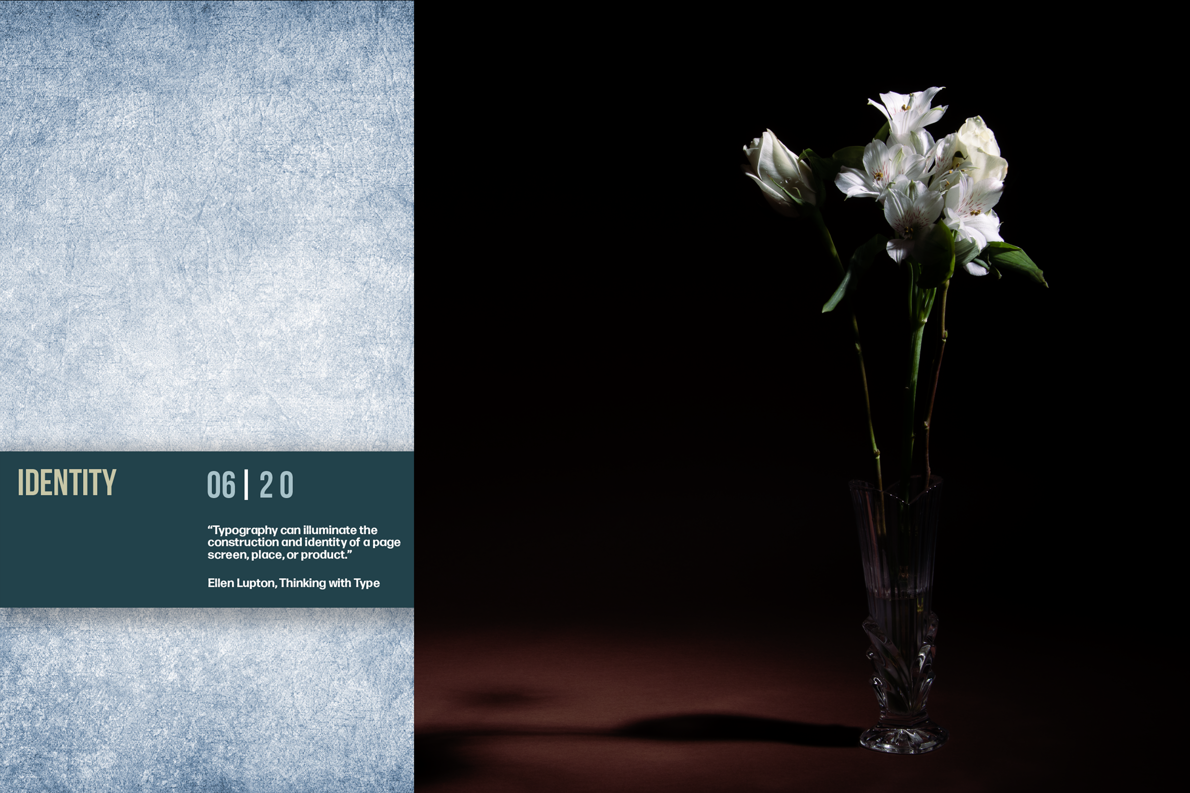 tfm-000005b - ThunderFairy Raindance Identity and design graphics with typography, quotation, and texture-based design on the left, and a color still-life studio image with flowers against a brown seamless background on the right.